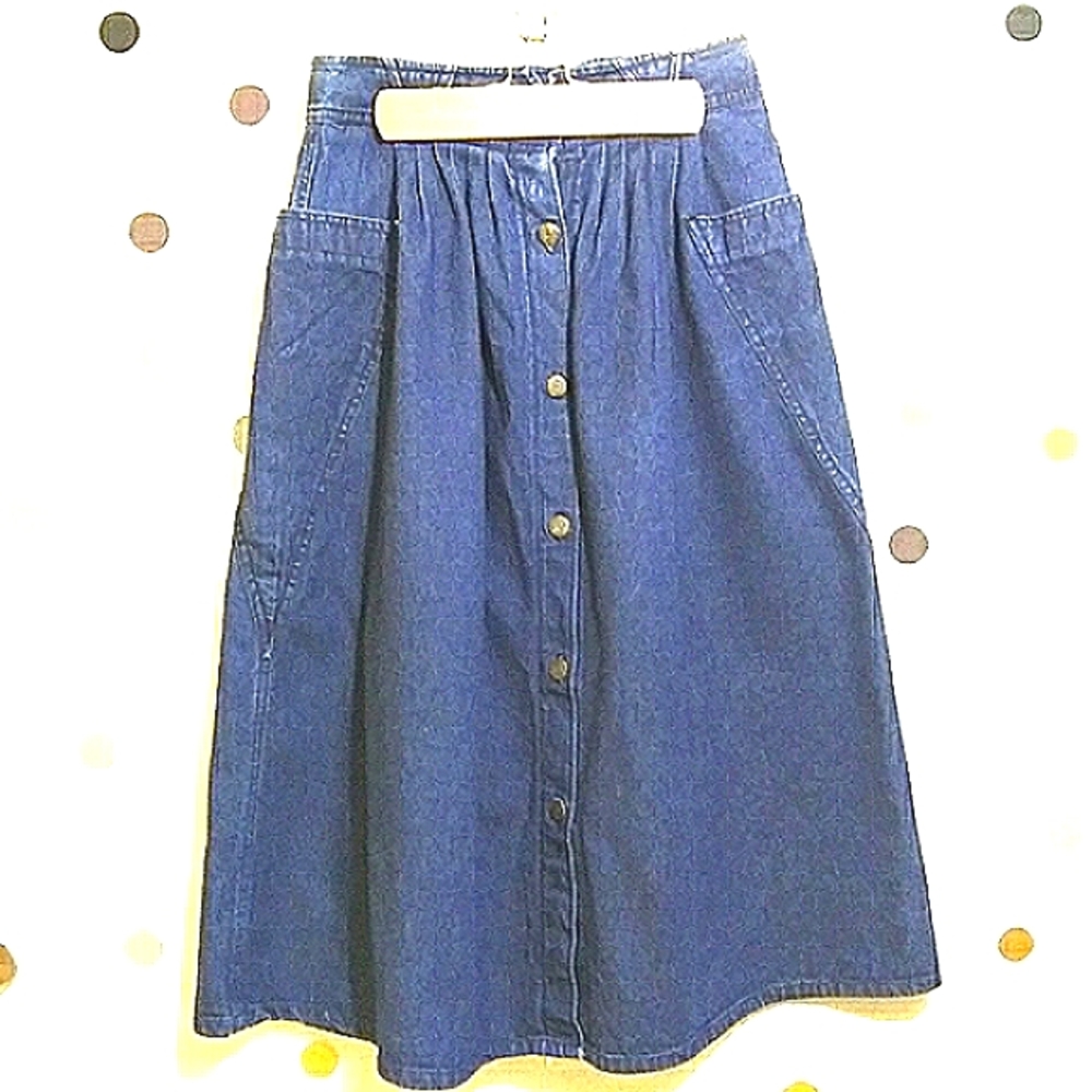 VINTAGE ZENA BUTTON FRONT MIDI DENIM FULL SKIRT RETRO COTTAGECORE WESTERN 80s